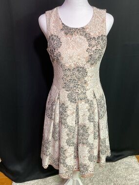 Eliza J Pink and Gray Fit & Flare Floral Lace Midi Dress